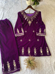 Party-wear Velvet Embroidery With Real Mirror Wok Co-ord Set