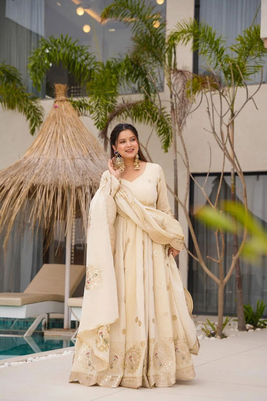 Beautiful Designer Chinon Silk Coding With Sequence Work Gown