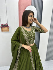 Festive Special Green Chinon Silk Embroidery Thread Work Lehenga Choli