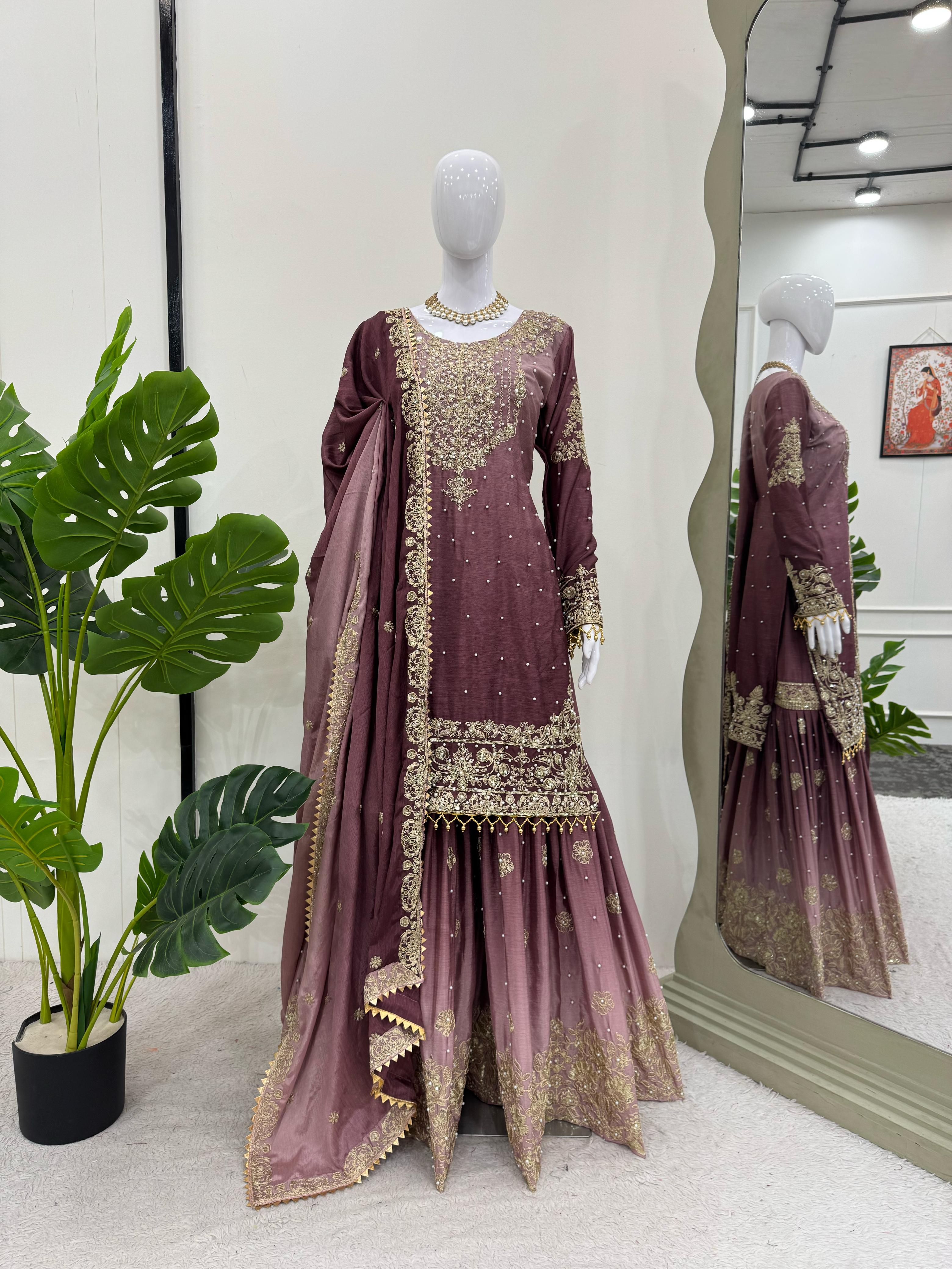 Beautiful Designer Chinon Silk Sequence With Rivet Moti Work Sharara
