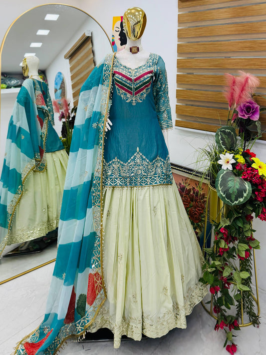 Party-wear Fendy Silk Embroidery Sequence Work Top Lehenga & Dupatta Set