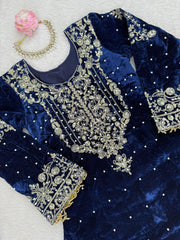 Partywear Viscose Velvet Cording Dori Embroidery with Sequin Work Suit