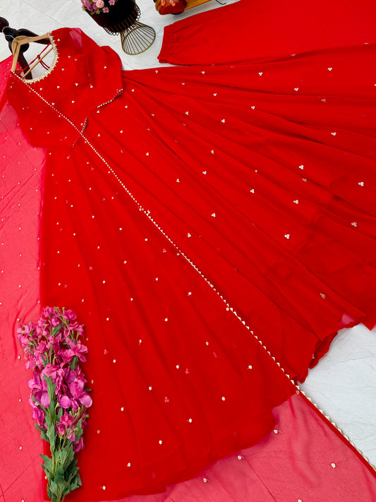 Party-wear Red Georgette Embroidery Sequence Work Gown