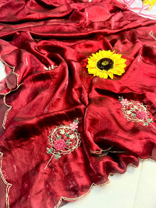 Party-wear Fendy Satin Khatli Cutdana Handwork Saree