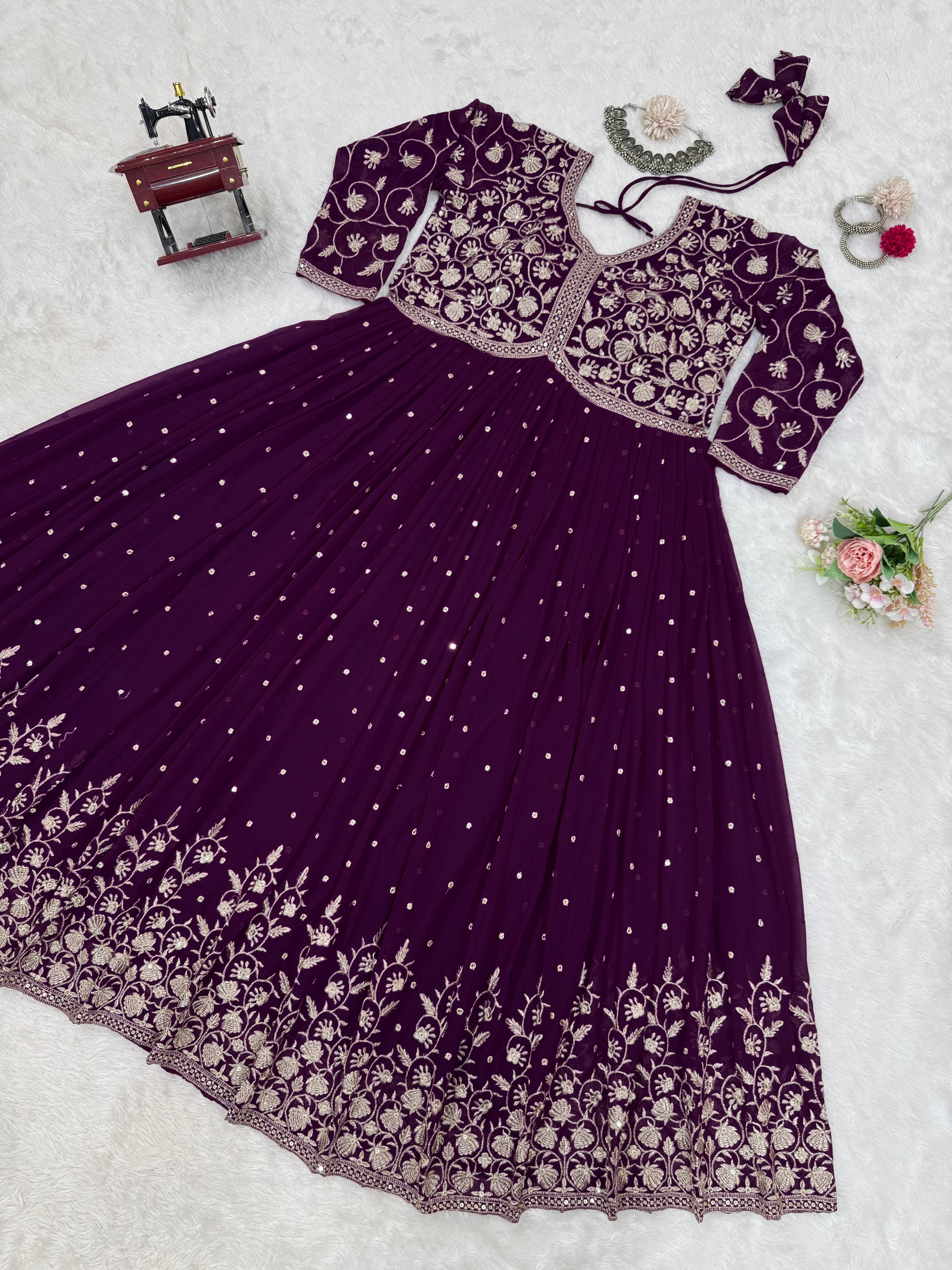 Beautiful Purple Colour Georgette Thread With Sequence Work Gown