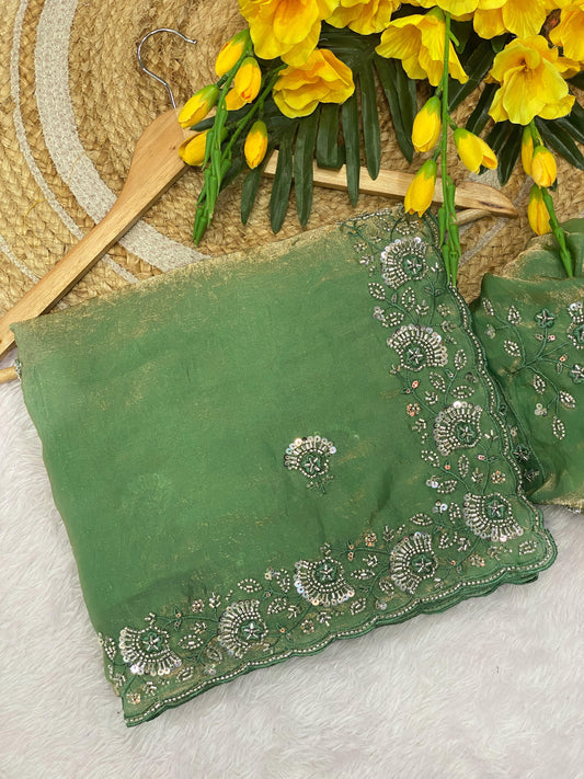 Party-wear Trending Beads Work Fendy Satin Silk Saree