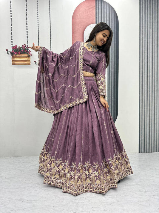 Festive Special Vichitra Silk Embroidery Thread & Sequence Work Lehenga With Stitched Blouse
