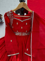 Royal Red Chinon Silk Coding Sequence With Real Mirror Work Gown