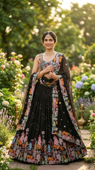 Wedding Special Black Floral Embroidery Sequence Work Lehenga Choli