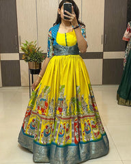 Trendy Exquisite Kalamkari Dola Silk Gown With Koti