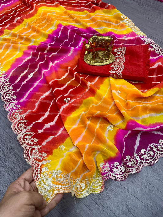 Beautiful  Pure Georgette With Jodhpur Lehriya Printed Saree