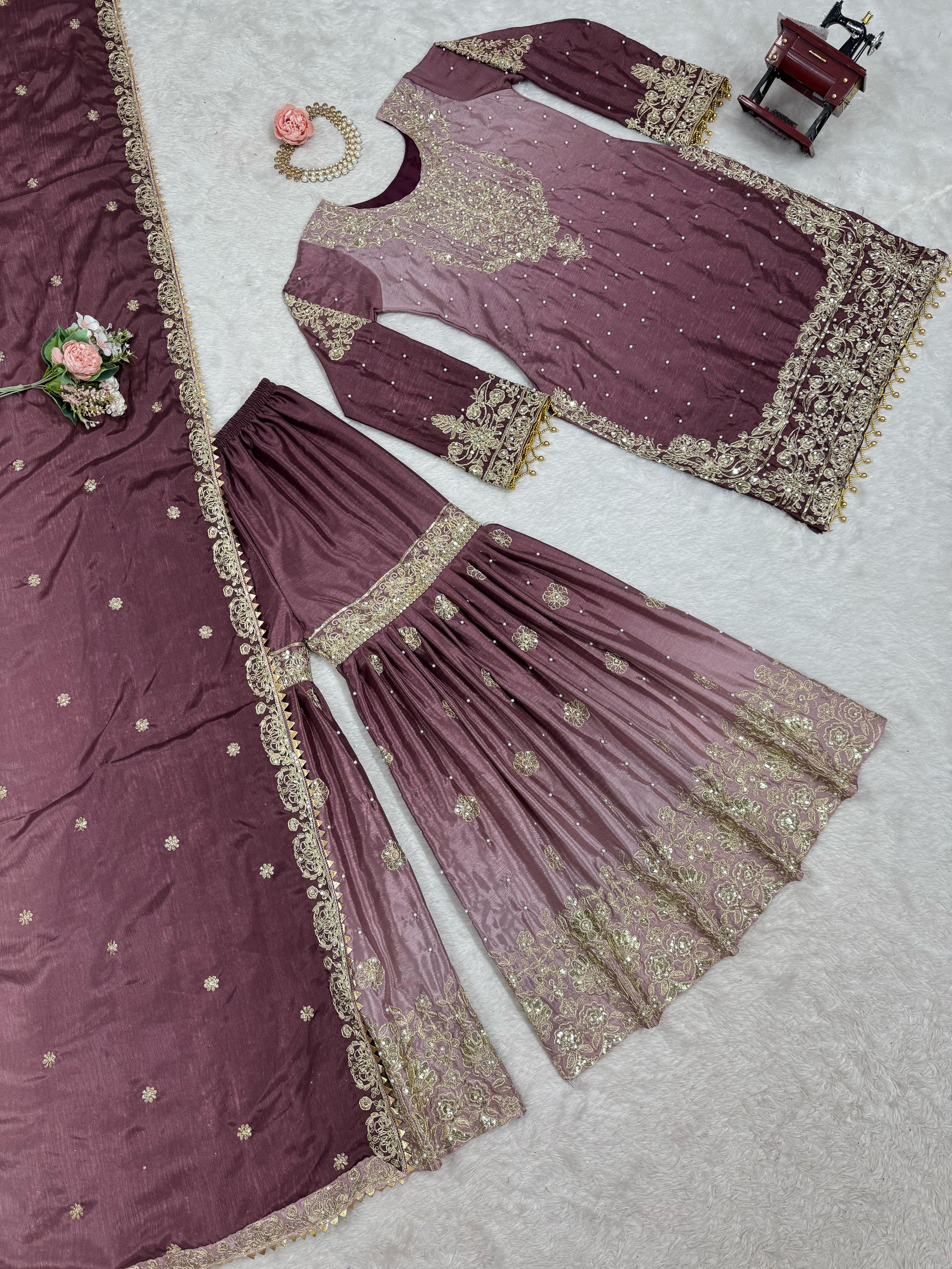 Beautiful Designer Chinon Silk Sequence With Rivet Moti Work Sharara