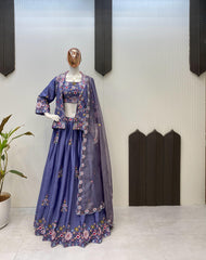 Beautiful Chinon Silk Multi Thread Sequence Embroidery Work Lehenga With Koti
