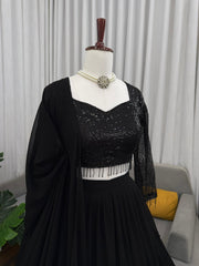 Trendy Black Ruffle Style  Georgette Work Lehenga Choli