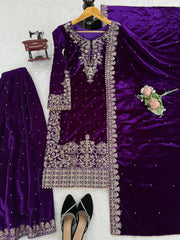 Party-wear Viscose Velvet Coding With Sequence With Rivet Moti Suit