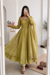 Festive Special Moss Butti Silk Pearls & Real Mirror With Handwork Anarkali Gown