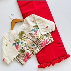 Beautiful Khadi Cotton Saree With Heavy Embroidery Work Stitched Blouse