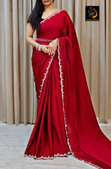 Beautiful Premium Satin Crape Crystal Stone Work Border Saree