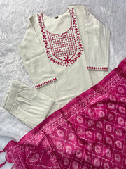 Beautiful Khadi Cotton With Embroidery Work Three Piece Set