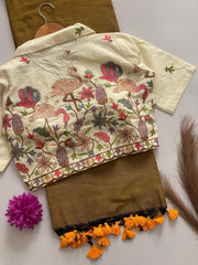 Beautiful Khadi Cotton Saree With Stitched Embroidery Work Blouse