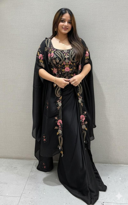 Wedding Special Rangoli Silk Sequence Embroidery Work Shrug With Dhoti