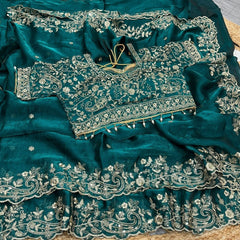 Party-wear Fendy Satin Silk Embroidery & Sequence Work Saree With Stitched Blouse