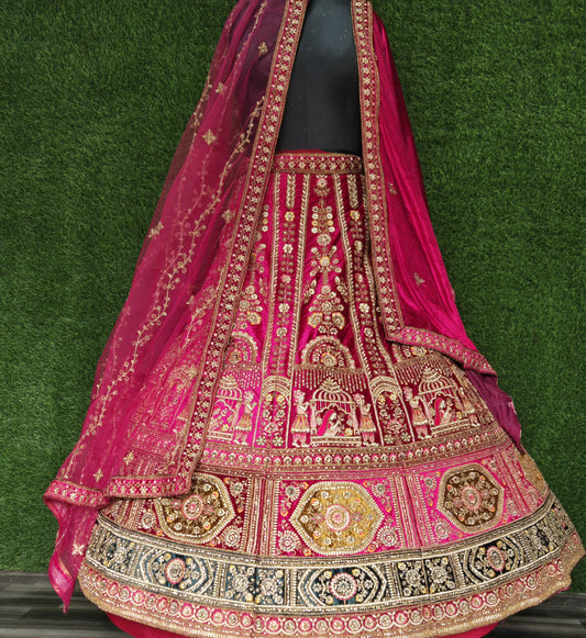 Pink Heavy Silk Velvet Patch Work Cutting Pasting Zarkan Diamond Work Double Cancan Dulhan Bridal Lahenga