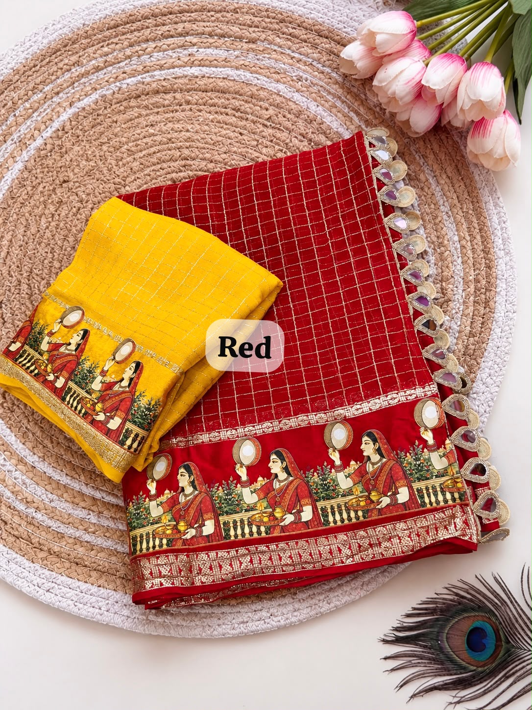 Karwachouth Special Golden Zari & Multicoloured Thread Work Saree