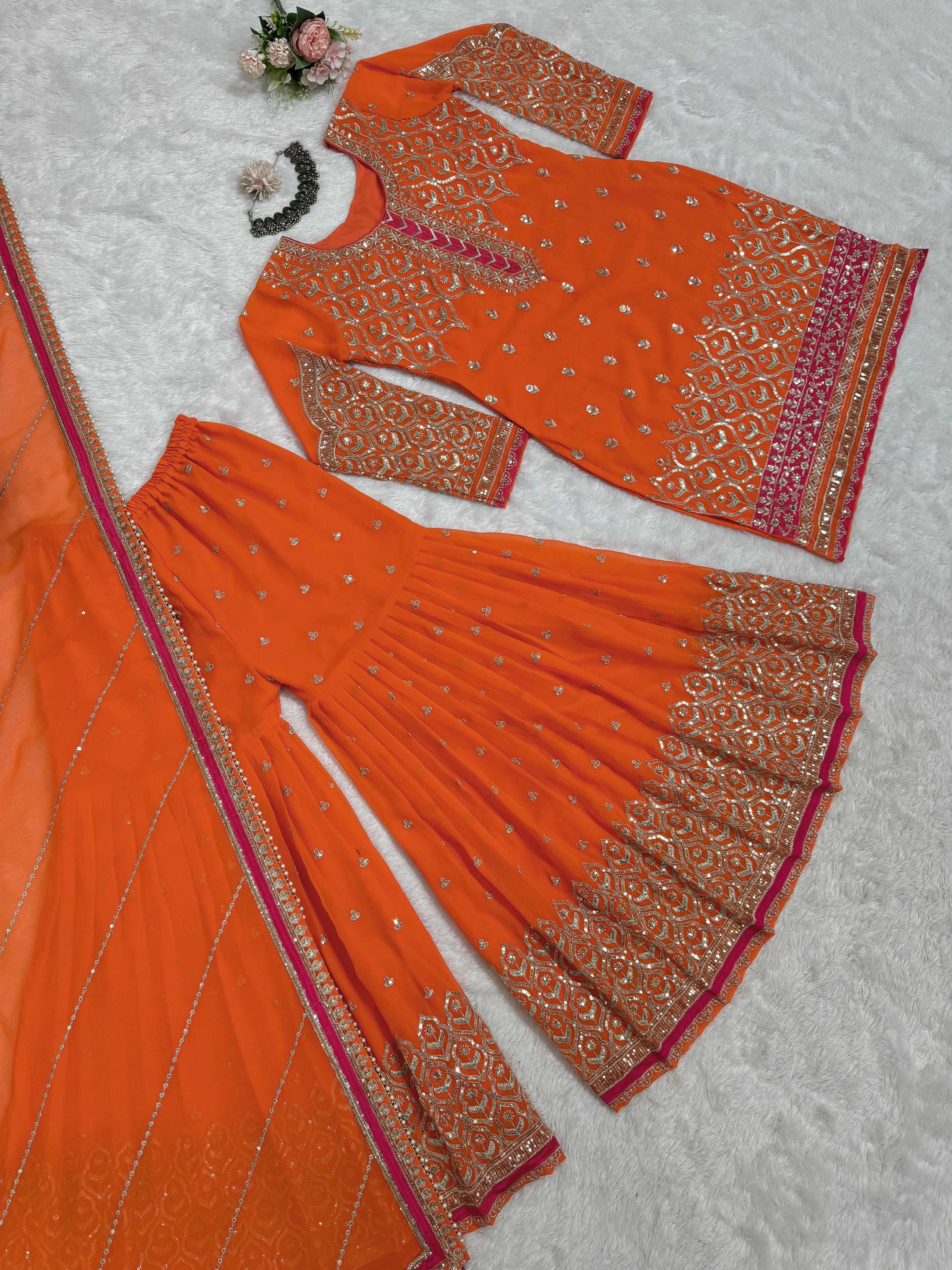 Party-wear Georgette Thread With Sequence Work Sharara Suit