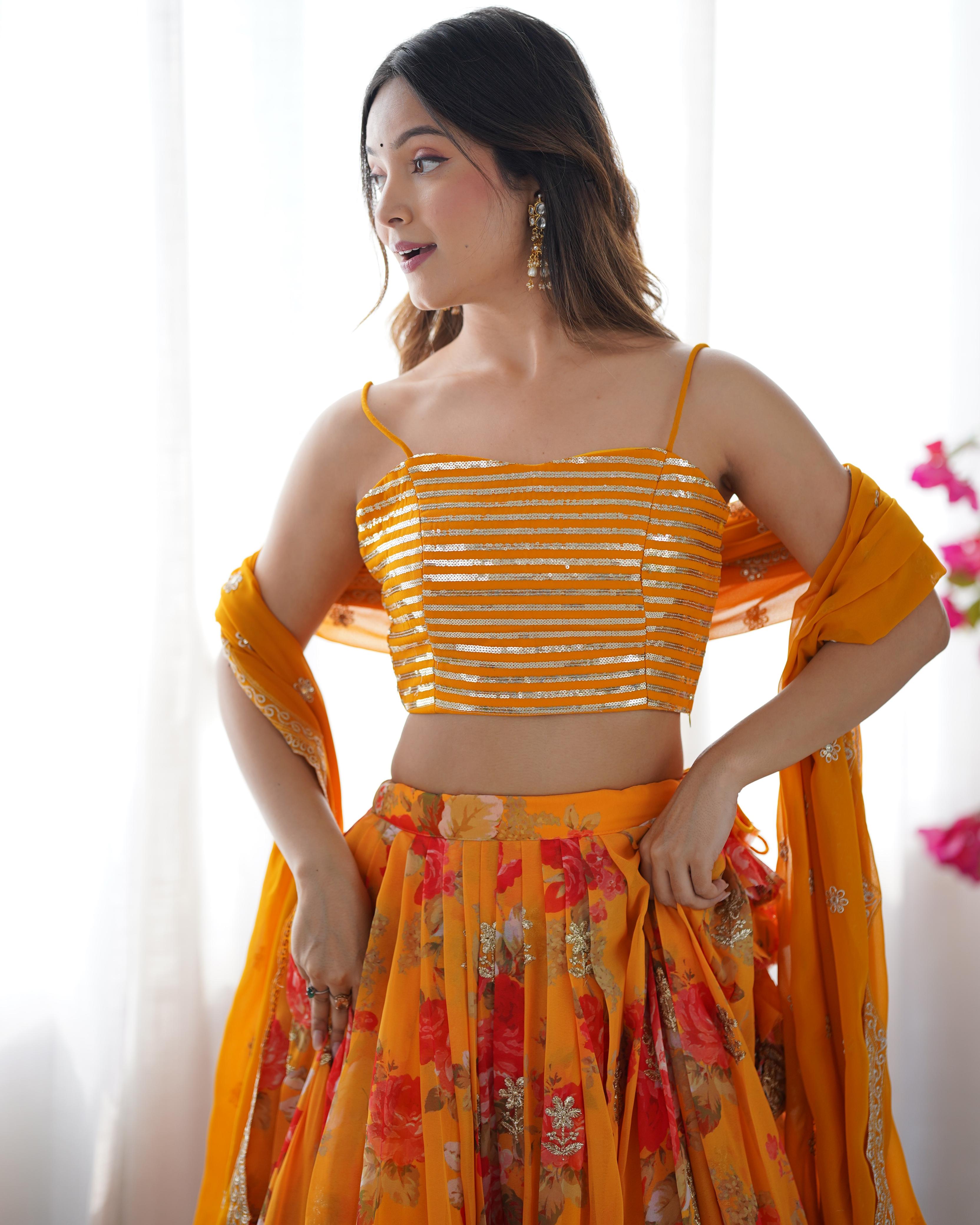 Trendy Stylish Georgette With Digital Printed Yellow Lehenga Choli