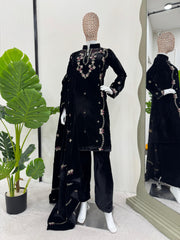 Partywear Viscose Velvet Black Thread & Sequence Work Dress