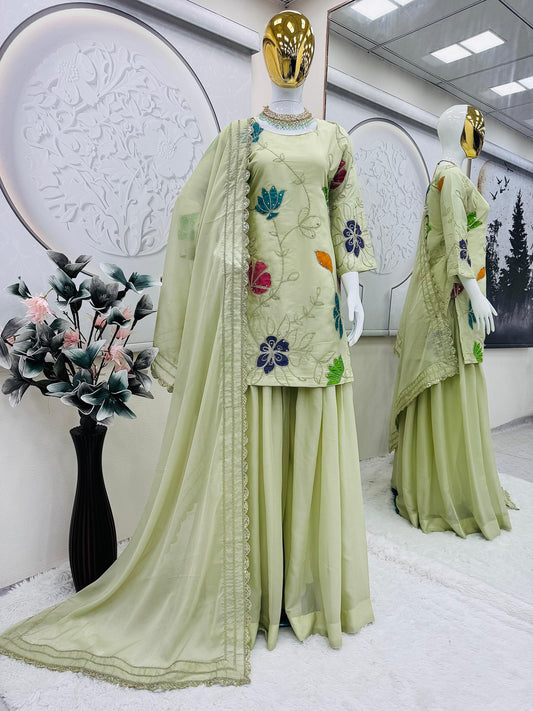 Party-wear Designer star Georgette Embroidery Sequence & Codding Floral Work Sharara