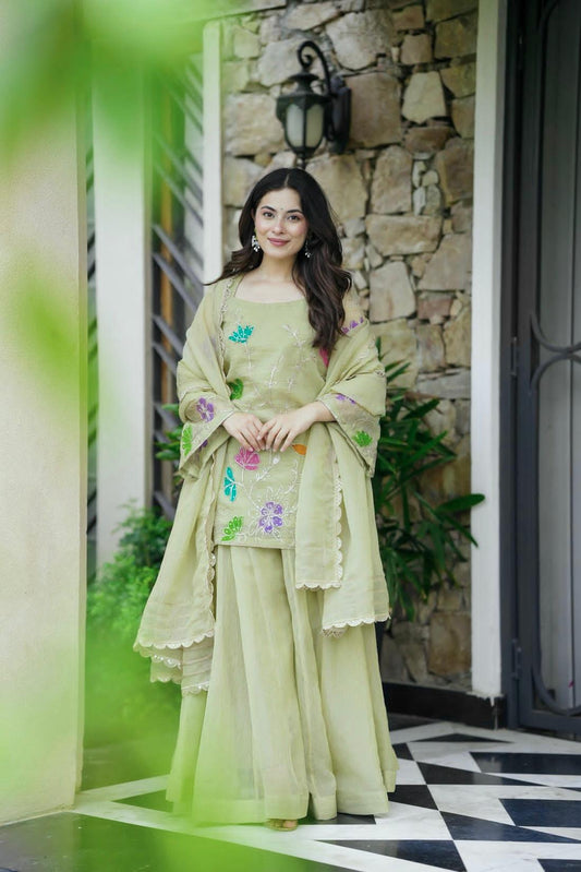 Party-wear Designer star Georgette Embroidery Sequence & Codding Floral Work Sharara