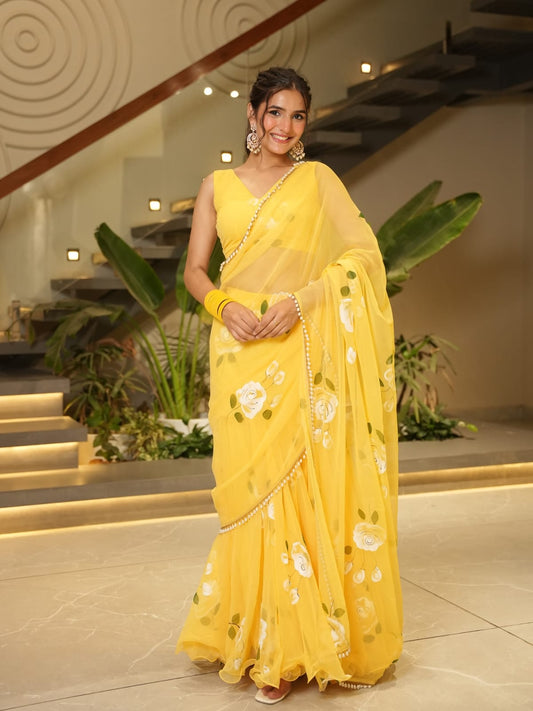 Haldi Special Georgette With Printed  Ruffle Lehenga Saree