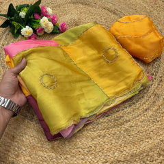 Beautiful Soft Space Silk Multi Prints With Beads Work Saree