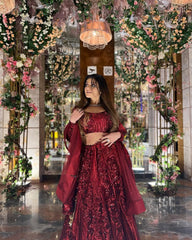 Elegance Red Colour Net Embroidery Sequence Work Lehenga Choli