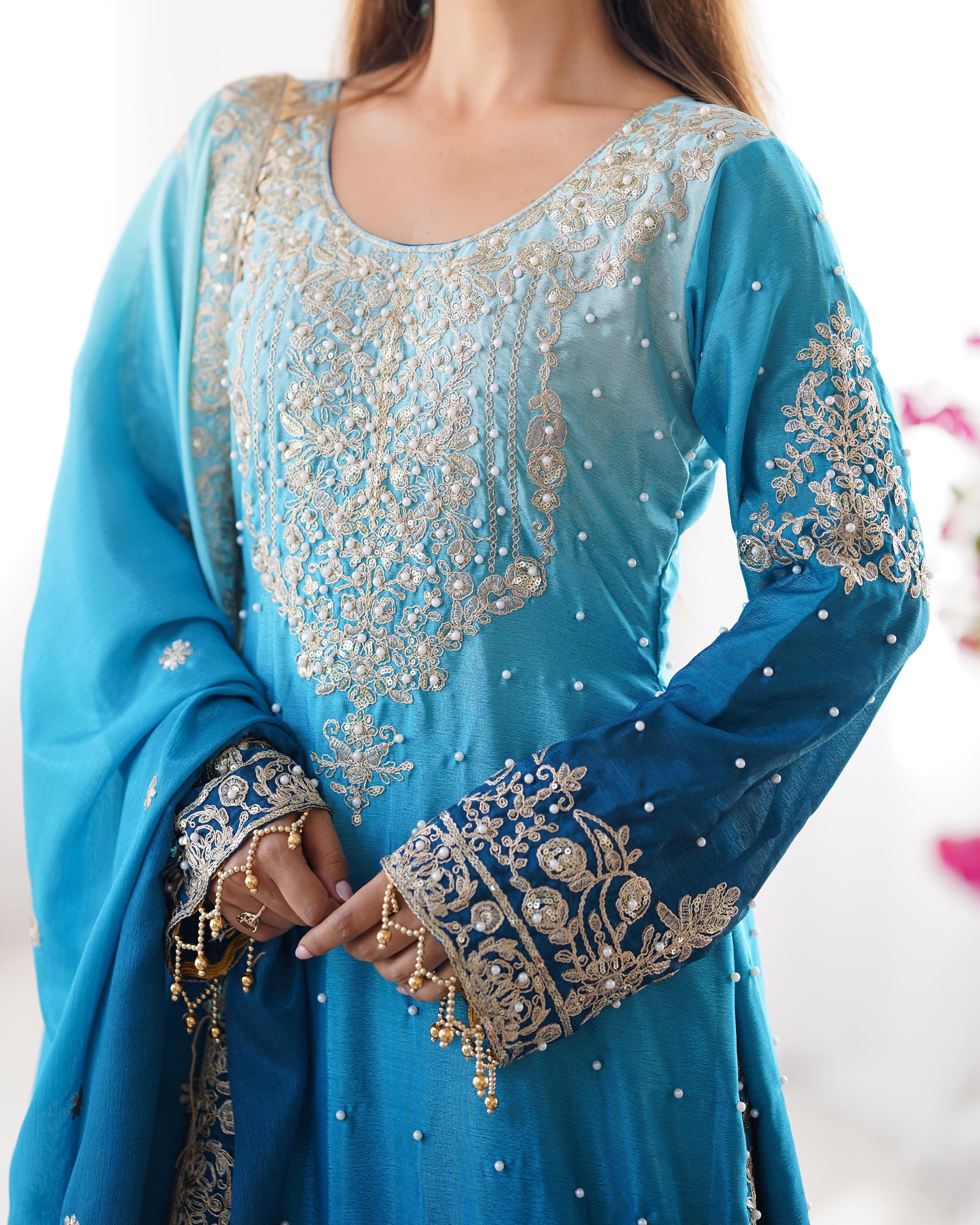 Beautiful Designer Chinon Silk Sequence With Rivet Moti Work Sharara