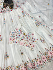 Beautiful Chinon Silk Multi Thread Sequence Embroidery Work Lehenga With Koti
