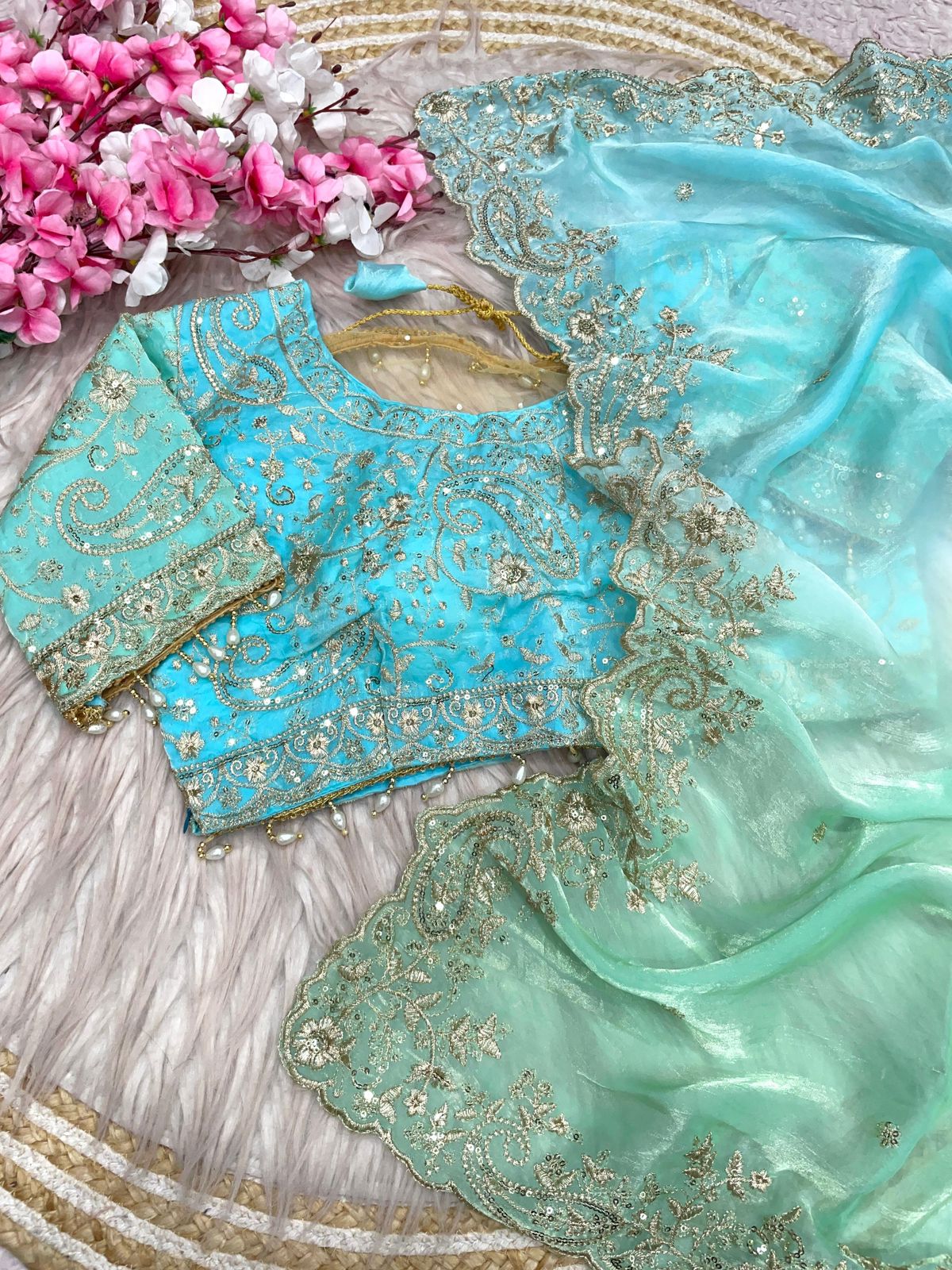 Elegant Satin Saree With Designer Embellished Stitched Blouse