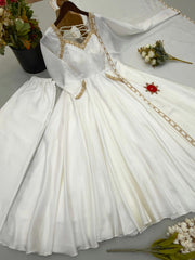 Beautiful White Upada Silk Embroidery Work Gown