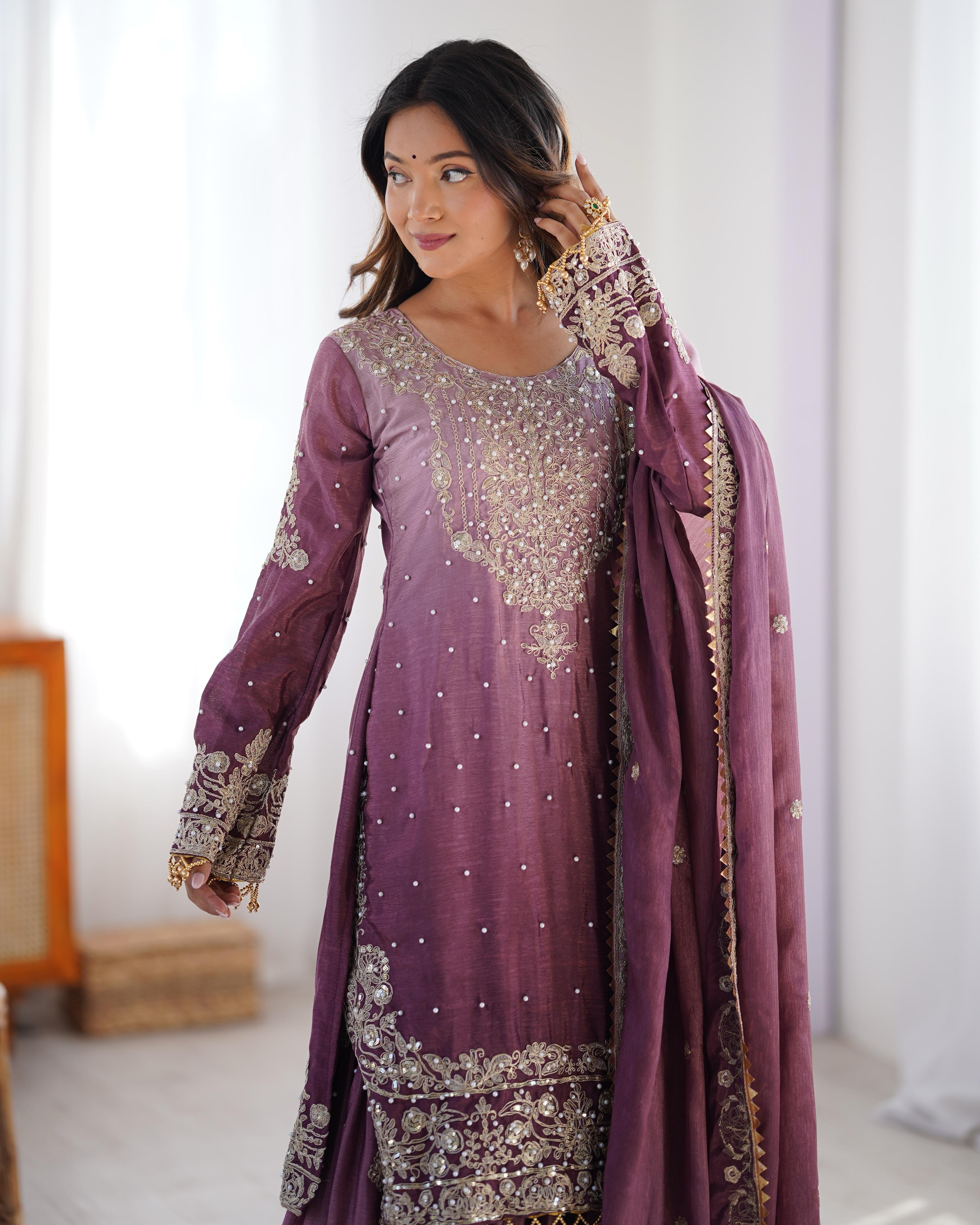 Beautiful Designer Chinon Silk Sequence With Rivet Moti Work Sharara