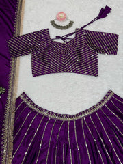 Purple Chinon Silk Thread With Sequence Work Lehenga Choli