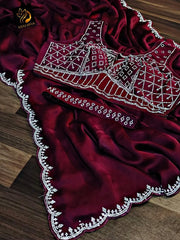 Beautiful Premium Satin Crape Crystal Stone Work Border Saree