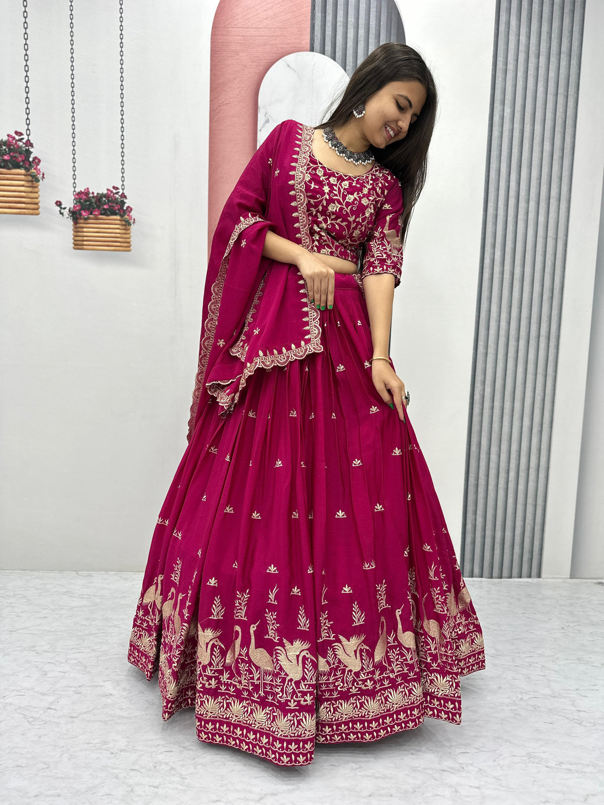 Festival Chinon Silk Embroidery & Thread Work Lehenga Choli