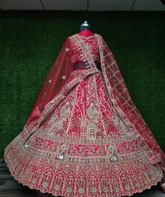 Cherry Red Premium Silk Zarkan Diamond Work Bridal Lehenga Choli