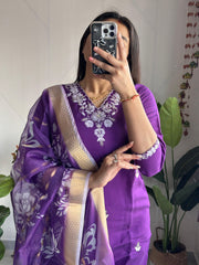 Beautiful Purple Roman Silk Embroidery With Sequence Work Dress