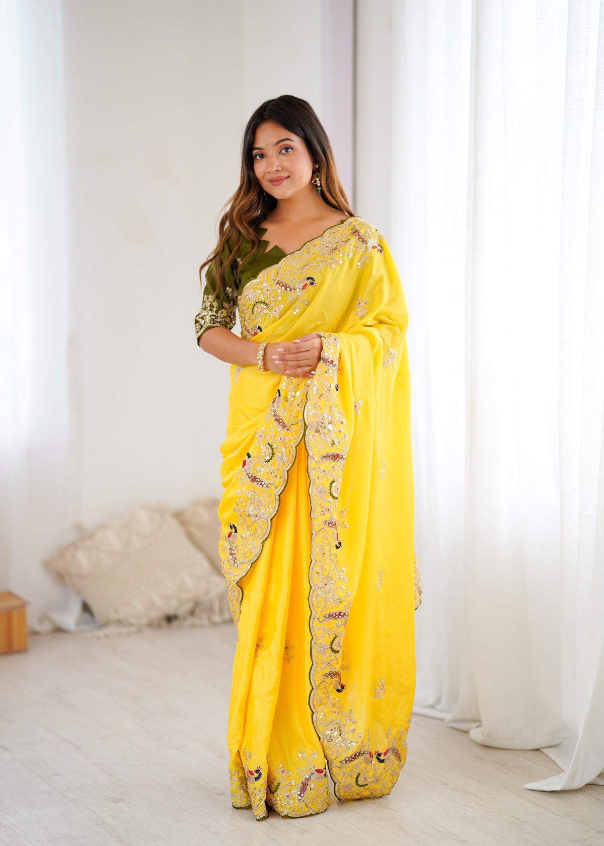 Beautiful Chinon Silk With Heavy Embroidery Thread Codding & Sequins Work Saree