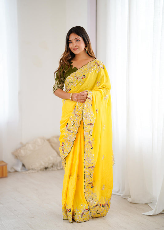 Beautiful Chinon Silk With Heavy Embroidery Thread Codding & Sequins Work Saree