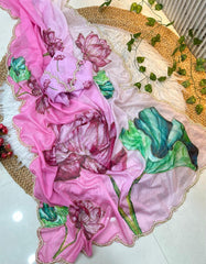 Beautiful Soft Organza With Floral Prints & Beads Katdana Handwork Border Saree