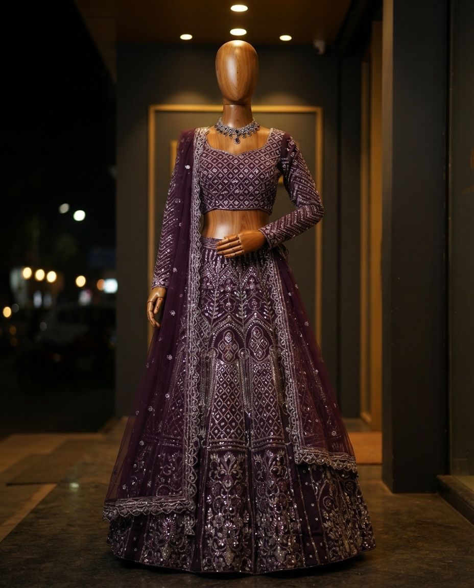Party-wear Purple Butterfly Net Embroidery Sequence Work Lehenga Choli